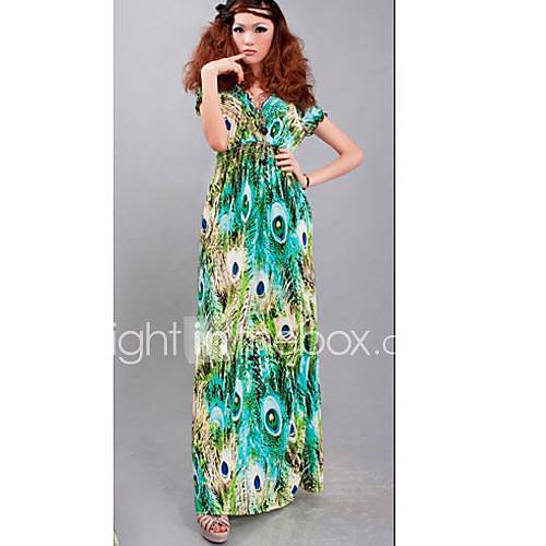 TS Casual Peacock Print V Neck Beach Maxi Dress