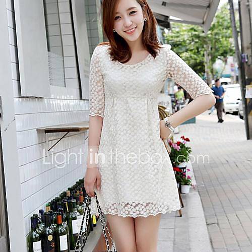 Womens Spring Korean Style Crochet Lace 1/2 Length Sleeve Dress