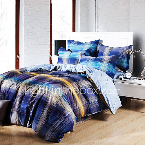 Duvet Cover Set,4 Piece Reactive Print 100% Cotton Blue Plaid