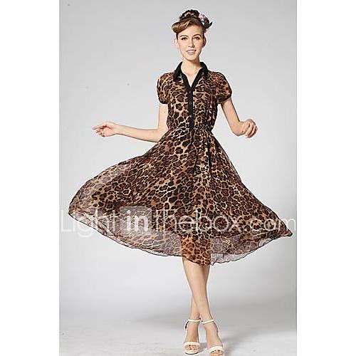 TS Splicing Balck Hem Leopard Chiffon Lapel Long Dress