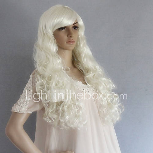 White Long Synthetic Wavy Wig Side Bang