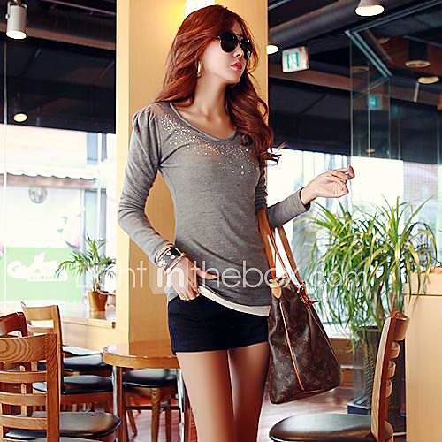 Womens Casual Round Diamonade Long Sleeve Blouse