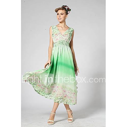 Swd V Neck Waisted Gradient Color Green Dress