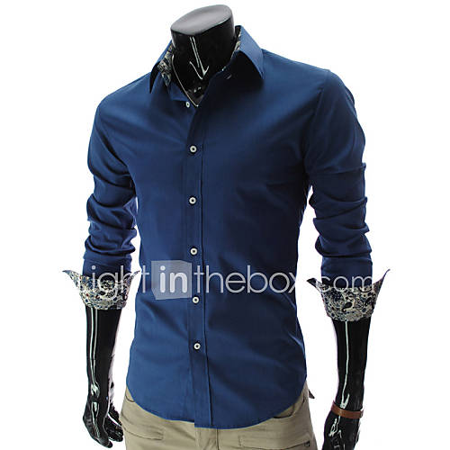 Cocollei mens luxury lapel long sleeve casual shirt (navy blue)