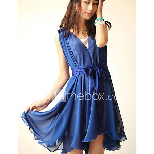 Successful V Neck Short Sleeve 2Pcs Chiffon Dress Belt Included (Blue)