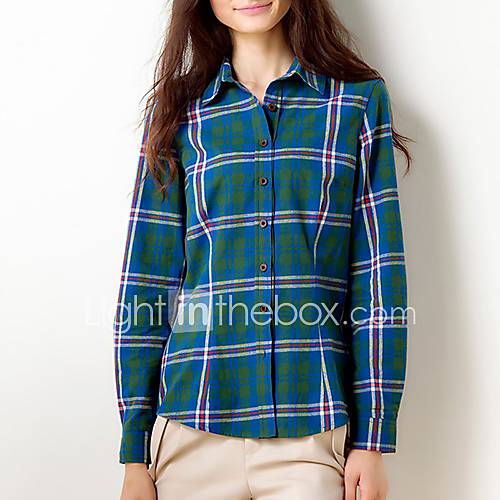 Veri Gude Womens All Match Check Bodycon 100% Cotton Green Long Sleeve Shirt