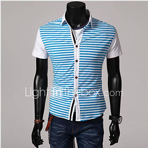 Mens Casual Fashion Stand Collar Short Sleeve Stripe Shirt