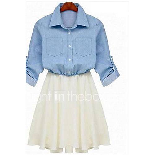 Womens 1/2 Sleeve Summer Chiffon Stiching Elastic Waist Mini Dress