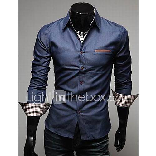 Chaolfs Mens Gilded Leather Washing Long Sleeve Denim Shirt (Dark Blue)