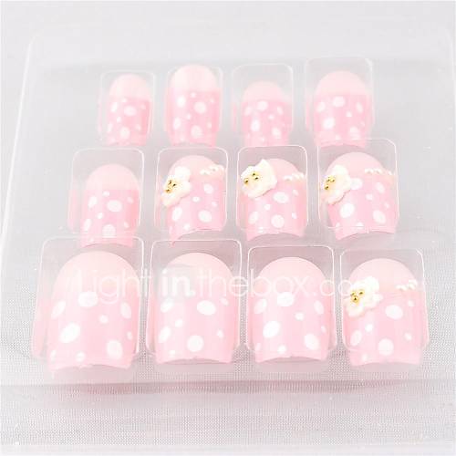 12 PCS Pink Flower Polka Dot Acrylic UV Gel False Nail Art Tips With Glue