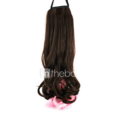 Ribbon Tied Brown And Pink Mixed Color Long Curly Synthetic Ponytail Hair Extensions