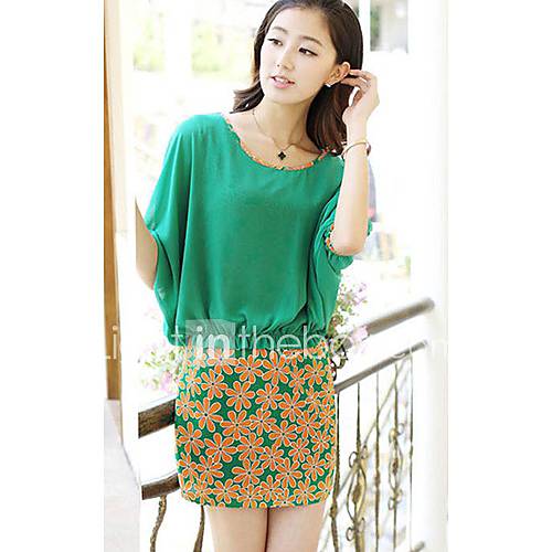 Qcqy Package Hip Chiffon Bat Sleeve Fake Two Pieces Dress (Green)