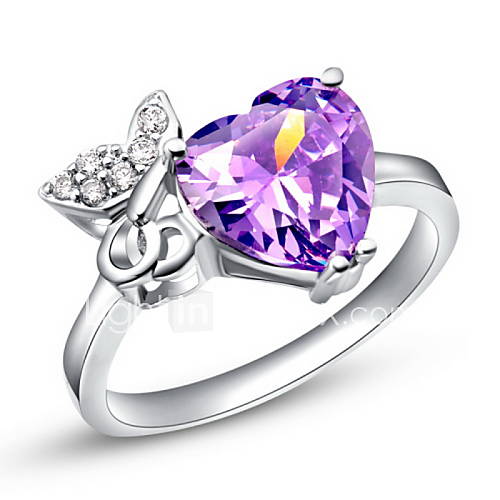 Sweet Sliver Purple With Cubic Zirconia Heart Cut Womens Ring(1 Pc)