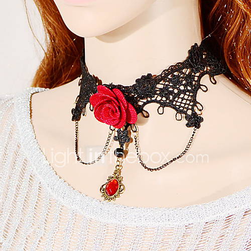 OMUTO Lace Flower Ruby Pendant Fashion Necklace (Black)