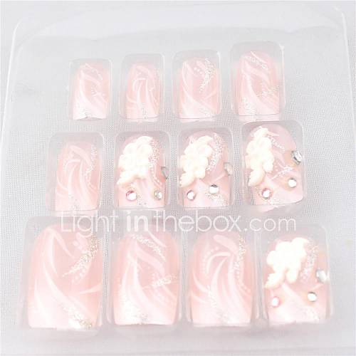 12 PCS Pink Flower Printed Acrylic UV Gel False Nail Art Tips With Glue