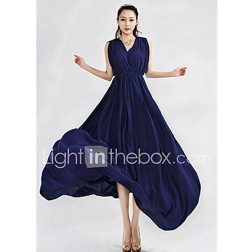 F.Modern WomenS New Double V High Waist Temperament Backless Dress(Blue)