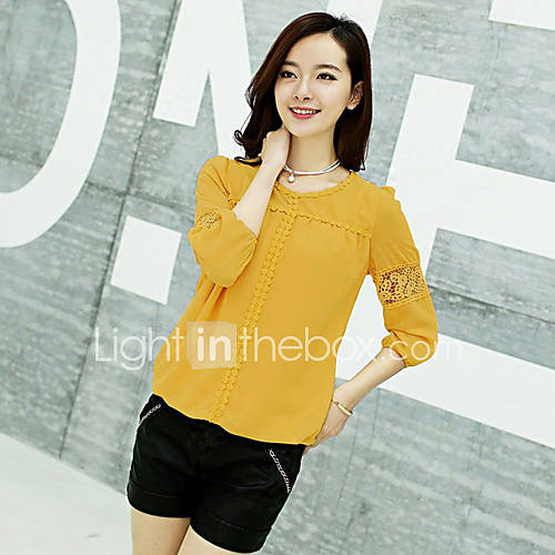 LCL Casual Middle Sleeve Cut Out Chiffon Round Neck Lace Joint Shirt(Yellow)