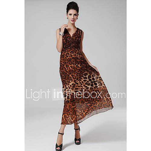 F.Modern WomenS Leopard Grain Deep V Neck Tall Waist Large Pendulum Chiffon Dress(Leopard)