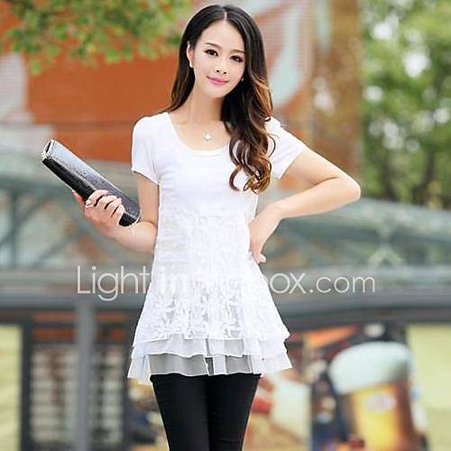 Womens Round Collar Chiffon Lace Stitching Blouse