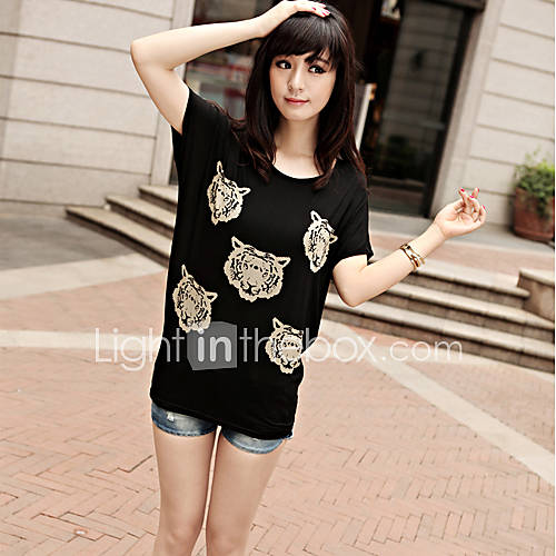 E Shop 2014 Summer Cute Tiger Print Bat Sleeve Loose Fit Black T Shirt