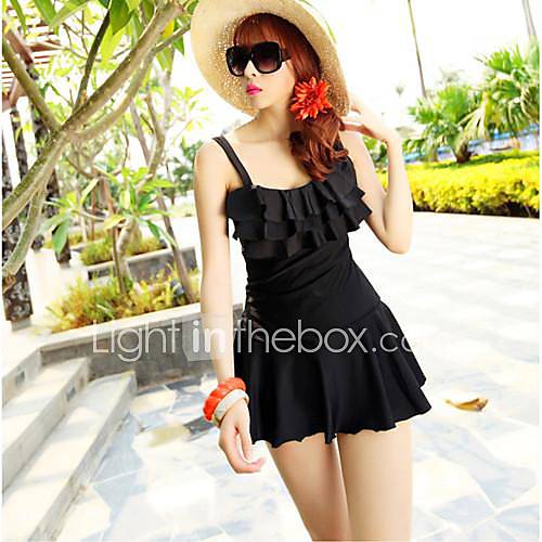 Womens Pure Color Fashion Condole Belt Skirt Style Nylon and Spandex One Pieces Swimsuit