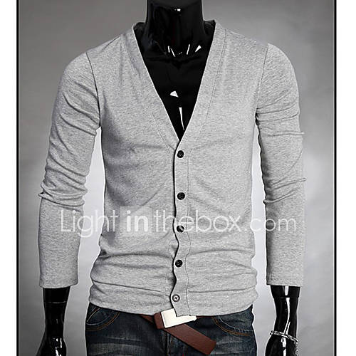 HKWB Casual Deep V Neck Cotton Slim Short Sleeve Sweater(Gray)