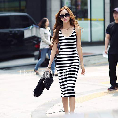 Womens Sexy Strap Stripes Fitted Dress