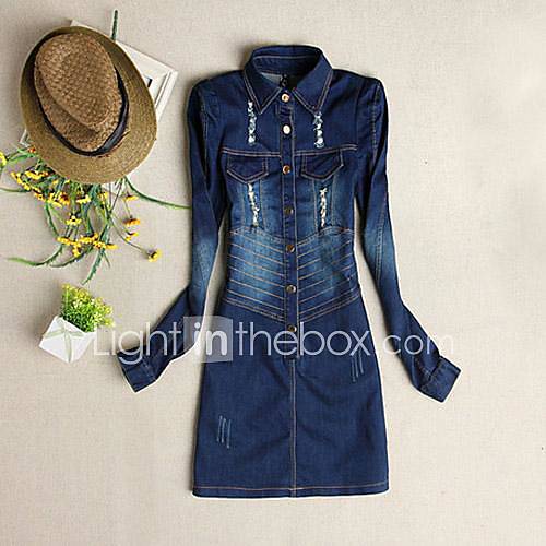 Womens New Spring Cowl Causal Long Sleeve Denim Dress