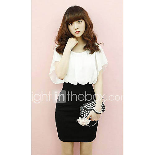 Successful Bat Sleeve Fake Two Pieces Waisted Bodycon Dress (White)