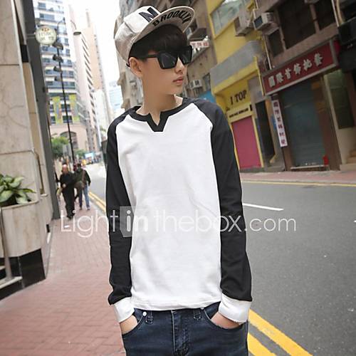 Mens V Neck Contrast Color Long Sleeve T shirt