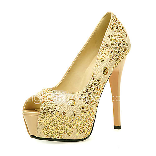 ELF Shoes Womens Elegant Peep Toe Paillette Stiletto Heel PU Leather Shoes