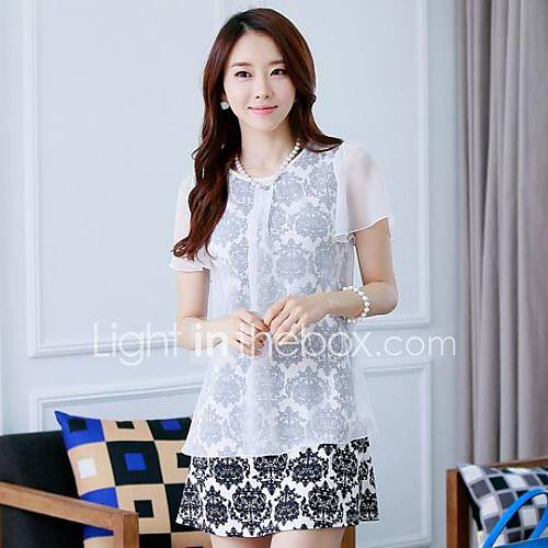 Womens Pluz Size False Two pieces Porcelain Pattern Chiffon Mini Dress