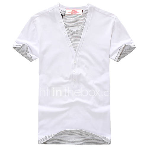 Lucassa Mens Simple V Neck Short Sleeve Casual T Shirt(White)