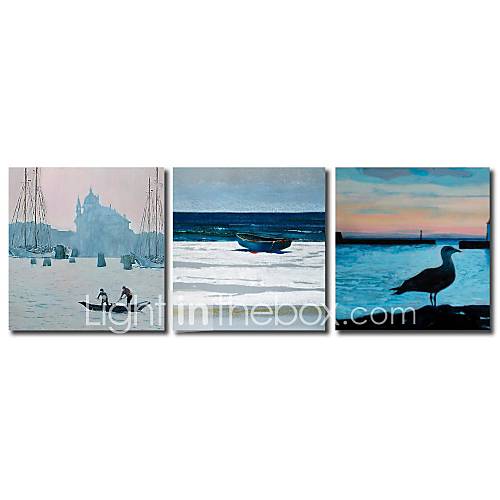 Hand Painted Oil Painting Landscape Fisherman Boat And Sea Gull with Stretched Frame Set of 3
