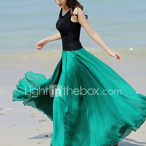 Womens Chiffon Long Maxi Boho Beach Elastic Waistline Skirt