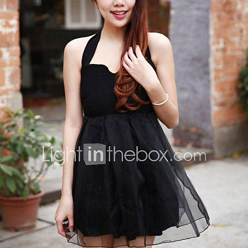 Nishang Nightclubs With V Neck Hanging Beam Neck Bowknot Organza Bitter Fleabane Dress(Black)