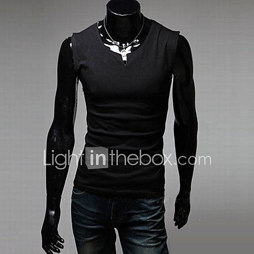 ZHELIN Mens Round Neck Sleeveless Solid Color Black 100% Cotton T Shirt