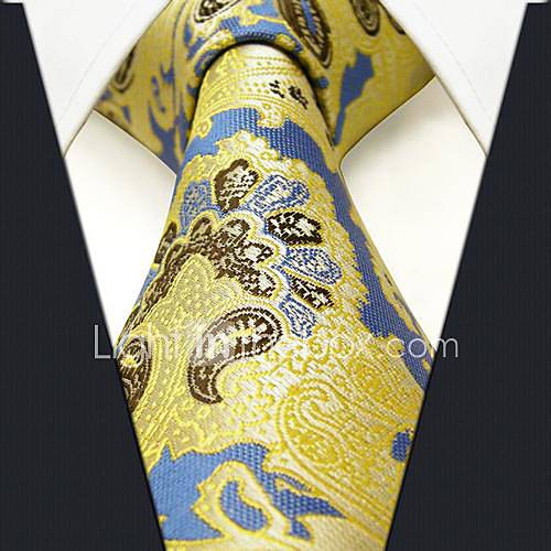 Mens Casual Floral Print Yellow Silk Necktie