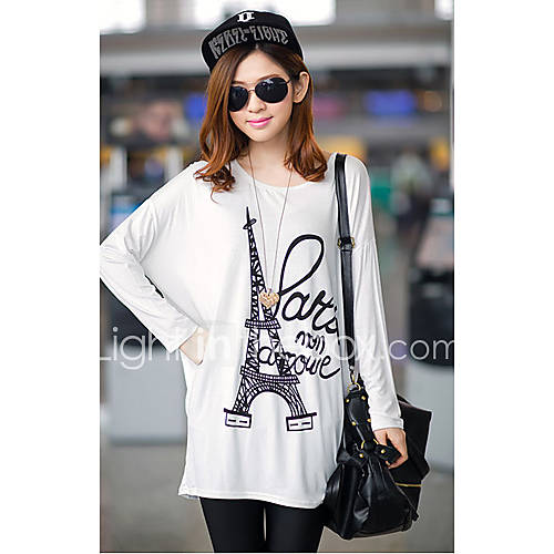 Uplook Womens Casual Round Neck White Eiffel Tower Pattern Loose Fit Batwing Long Sleeve T Shirt 306#