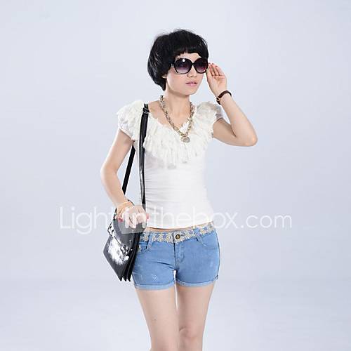 New Arrival DIY Washed Slim Lacework Shorts Jeans Women