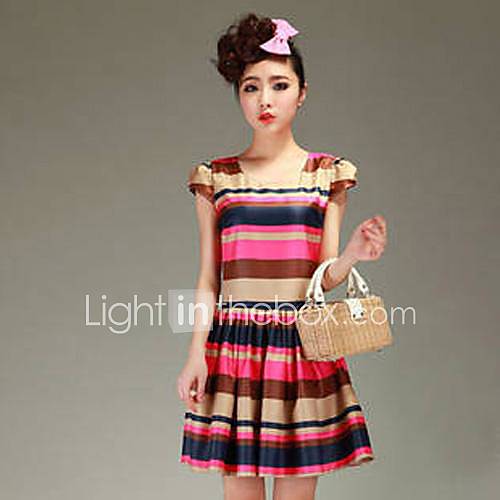 Womens Color Stitching Striped Short Sleeved Dress