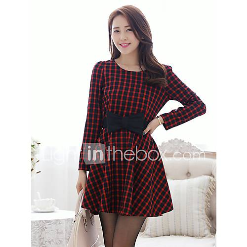 Womens Spring Sweet Slim Check Belt Dress