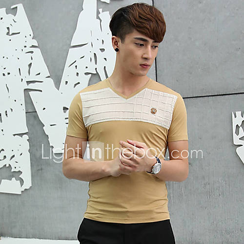 Senyue Mens Korean Splice Color Cotton Short Sleeve T Shirt (Almond)