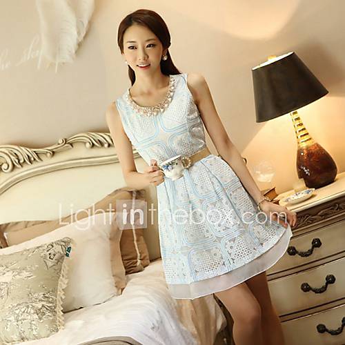 Jingpin Round Neck Waisted Dress (Light Blue)