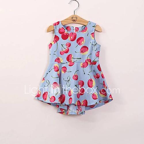 Girls Round Neck Cherry Pattern Sleeveless Adorable Dress