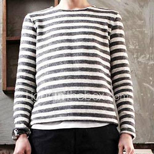 Mens Round Neck Striped Long Sleeve T shirt