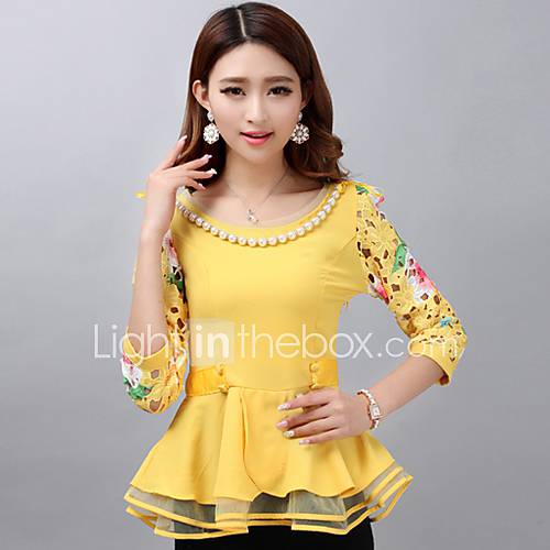 Lanliersi Chiffon Round Lace 3/4 Sleeve Bottoming Shirt (Yellow)