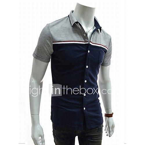 ZHELIN Mens Lapel Neck Short Sleeve Bodycon Contrast Color Navy Blue 100% Cotton T Shirt