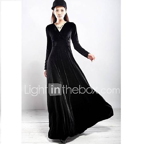 Womens Fashion V neck Pleuche Ankle Length Long Dress