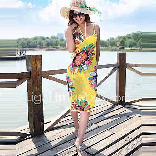 Summer Sexy Bikini Bohemian Totem Printing Chiffon Strap V neck Beach Dress